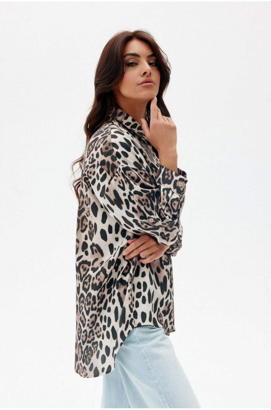 Camasa dama oversize, din vascoza, animal print leopard, cu maneca lunga, Maila 2 - jojofashion.ro