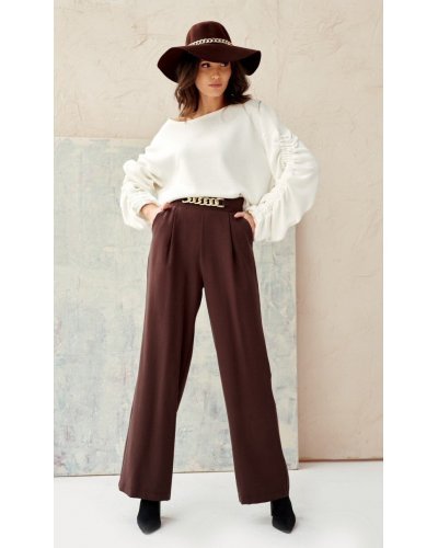 Pantaloni dama eleganti, evazati, maro, vascoza, cu talia inalta, Cynane - jojofashion.ro