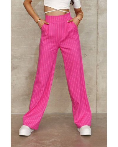Pantaloni dama, Pantaloni dama eleganti, evazati, roz cu dungi albe, cu talia inalta, Akella - jojofashion.ro