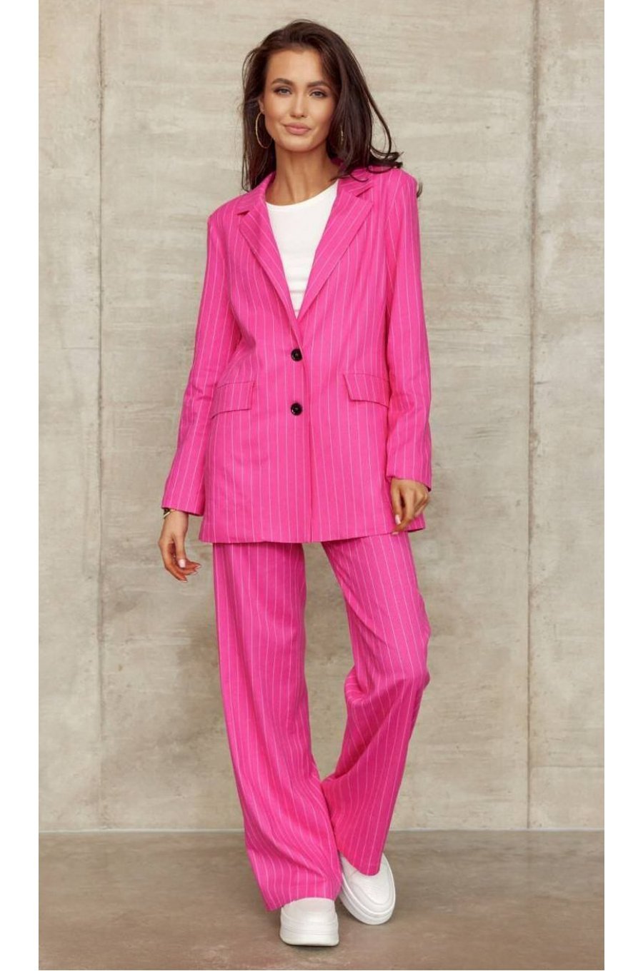 Pantaloni dama eleganti, evazati, roz cu dungi albe, cu talia inalta, Akella 4 - jojofashion.ro