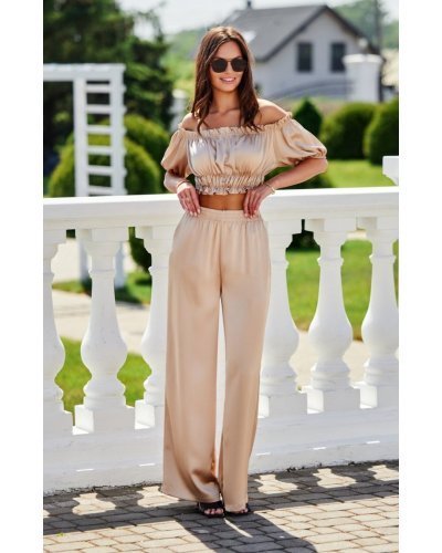 Pantaloni dama, Pantaloni dama evazati, din satin, bej, cu elastic in talie, Tarifa - jojofashion.ro