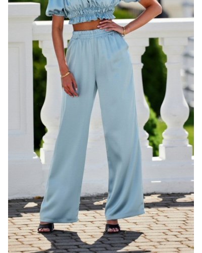 Pantaloni dama, Pantaloni dama evazati, din satin, bleu menta, cu elastic in talie, Tarifa - jojofashion.ro