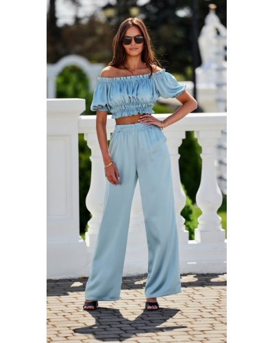 Pantaloni dama, Pantaloni dama evazati, din satin, bleu menta, cu elastic in talie, Tarifa - jojofashion.ro
