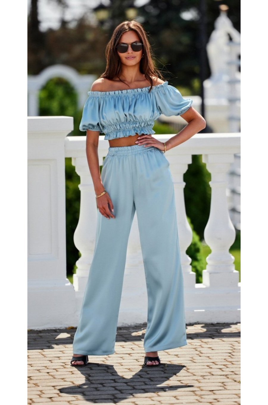 Pantaloni dama evazati, din satin, bleu menta, cu elastic in talie, Tarifa 2 - jojofashion.ro