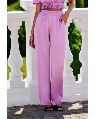 Pantaloni dama, Pantaloni dama evazati, din satin, lila, cu elastic in talie, Tarifa - jojofashion.ro