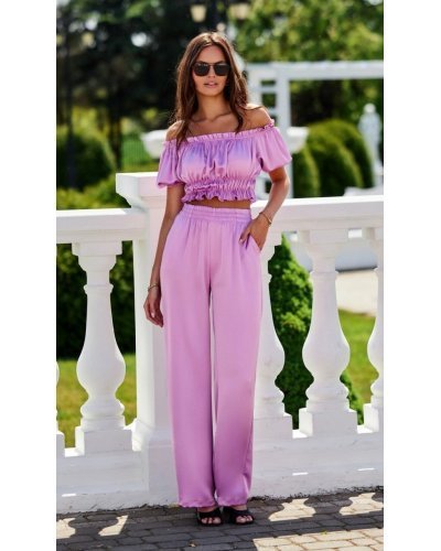 Pantaloni dama, Pantaloni dama evazati, din satin, lila, cu elastic in talie, Tarifa - jojofashion.ro