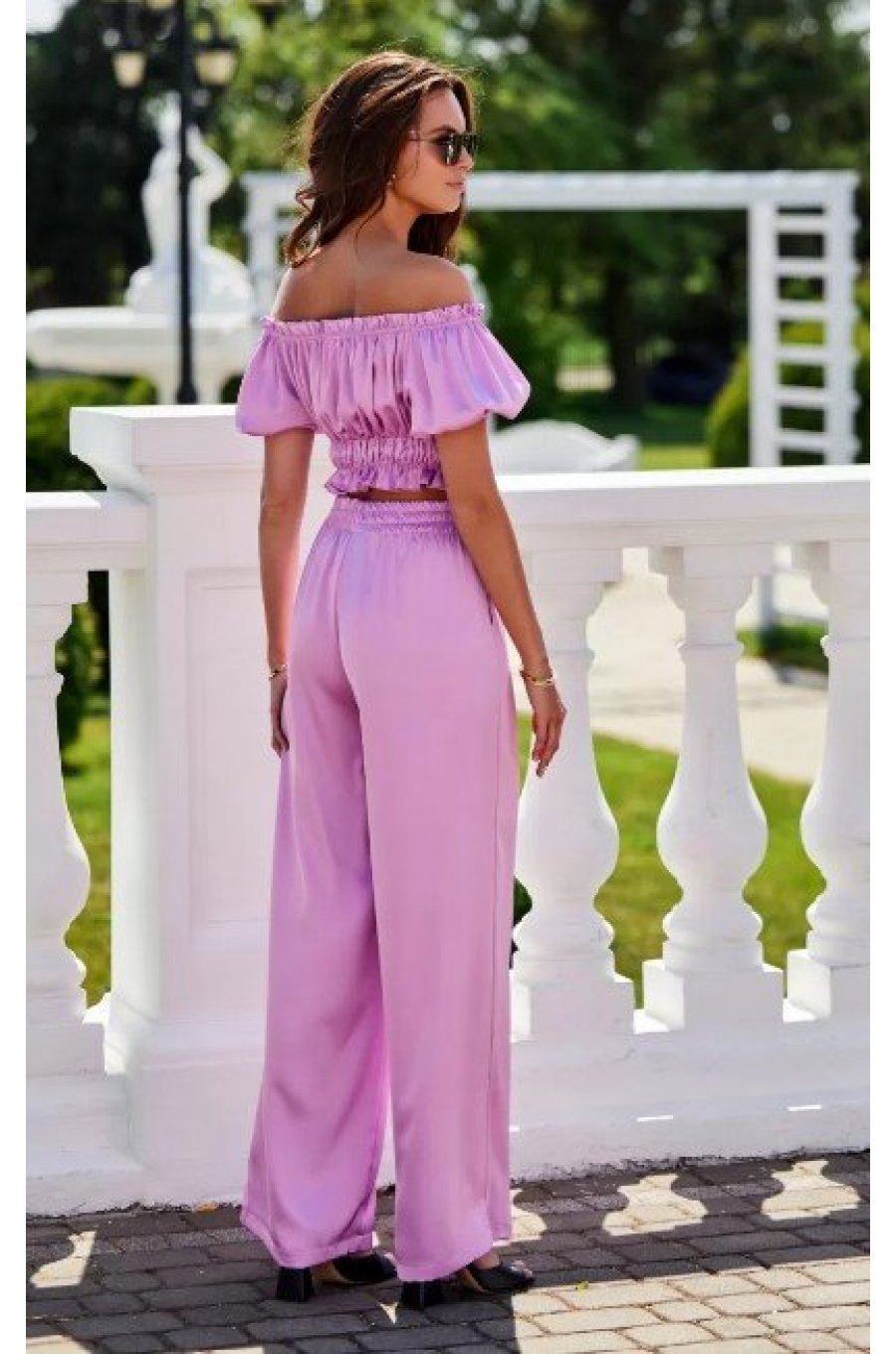 Pantaloni dama evazati, din satin, lila, cu elastic in talie, Tarifa Pantaloni dama evazati, din satin, lila, cu elastic in talie, Tarifa 3 - jojofashion.ro