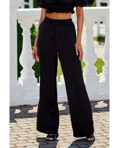 Pantaloni dama, Pantaloni dama evazati, din satin, negri, cu elastic in talie, Tarifa - jojofashion.ro