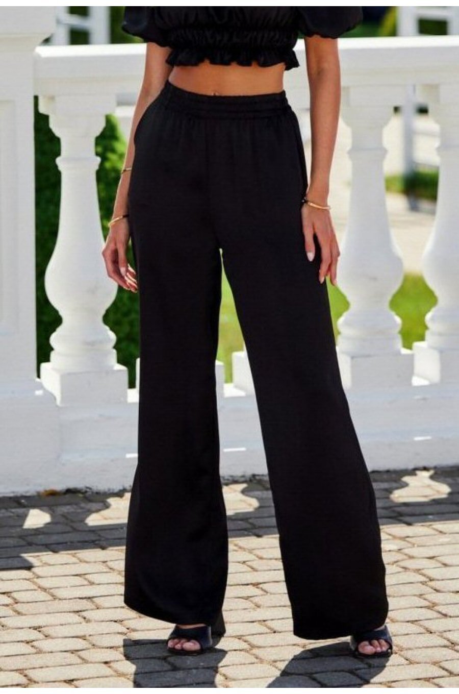 Pantaloni dama evazati, din satin, negri, cu elastic in talie, Tarifa 1 - jojofashion.ro