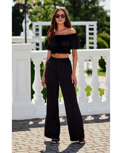 Pantaloni dama, Pantaloni dama evazati, din satin, negri, cu elastic in talie, Tarifa - jojofashion.ro