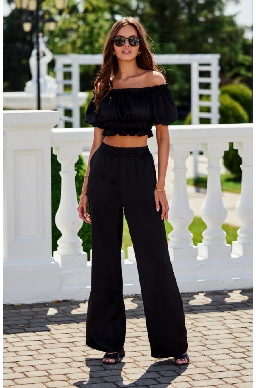 Pantaloni dama evazati, din satin, negri, cu elastic in talie, Tarifa 2 - jojofashion.ro