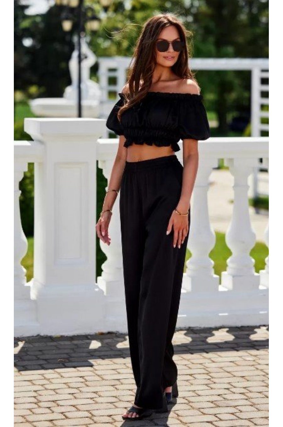 Pantaloni dama evazati, din satin, negri, cu elastic in talie, Tarifa 3 - jojofashion.ro