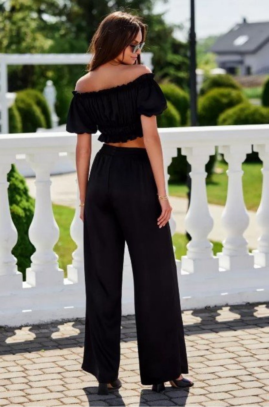 Pantaloni dama evazati, din satin, negri, cu elastic in talie, Tarifa 4 - jojofashion.ro