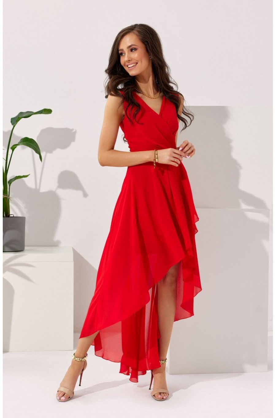 Rochie lunga rosie din voal asimetrica vaporoasa si petrecuta Fiona 1 - jojofashion.ro