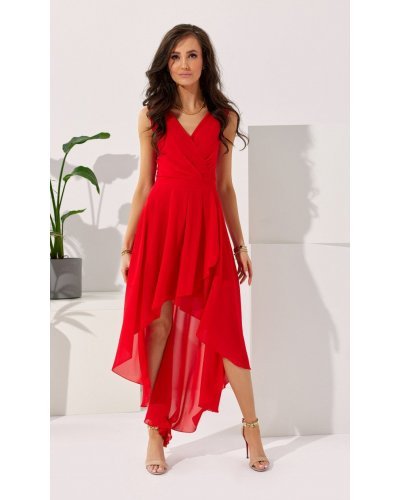 Rochie lunga rosie din voal asimetrica vaporoasa si petrecuta Fiona Rochii lungi, Rochie lunga rosie din voal asimetrica vaporoasa si petrecuta Fiona - jojofashion.ro