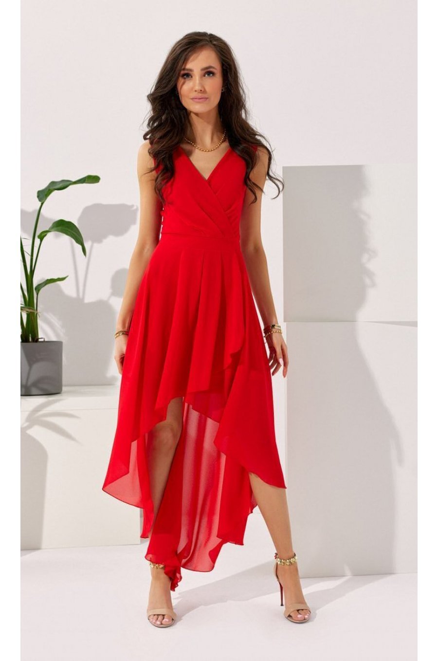 Rochie lunga rosie din voal asimetrica vaporoasa si petrecuta Fiona 2 - jojofashion.ro