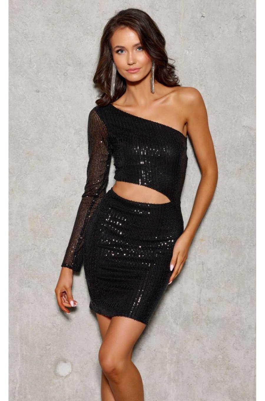 Rochie scurta neagra din paiete cu o maneca lunga Romina 4 - jojofashion.ro