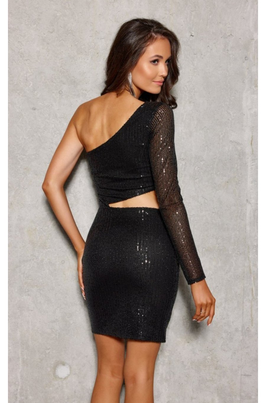 Rochie scurta neagra din paiete cu o maneca lunga Romina 2 - jojofashion.ro