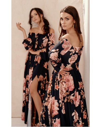 Rochie lunga de vara vaporoasa cu flori cu maneca lunga si umeri goi Blanca Rochii vaporoase, Rochie lunga de vara vaporoasa cu flori cu maneca lunga si umeri goi Blanca - jojofashion.ro