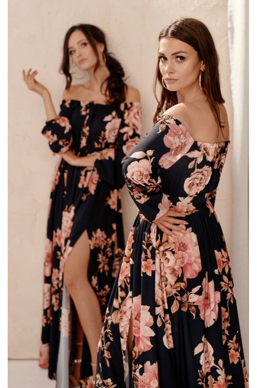 Rochie lunga de vara vaporoasa cu flori cu maneca lunga si umeri goi Blanca 2 - jojofashion.ro