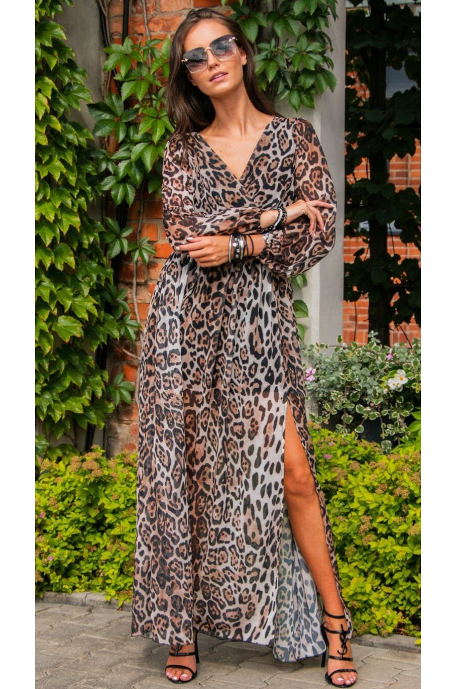 Rochie de vara lunga, voal animal print leopard, cu maneca lunga, vaporoasa, Anamaria 1 - jojofashion.ro