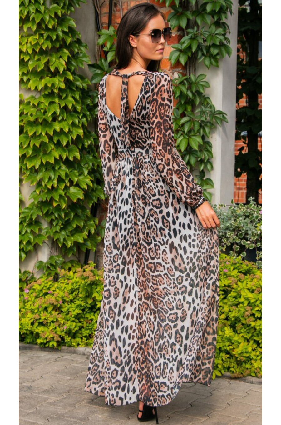 Rochie de vara lunga, voal animal print leopard, cu maneca lunga, vaporoasa, Anamaria 2 - jojofashion.ro