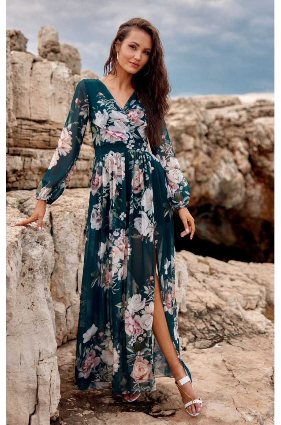 Rochie de vara lunga din voal verde smarald cu flori vaporoasa cu maneca lunga Anamaria 3 - jojofashion.ro