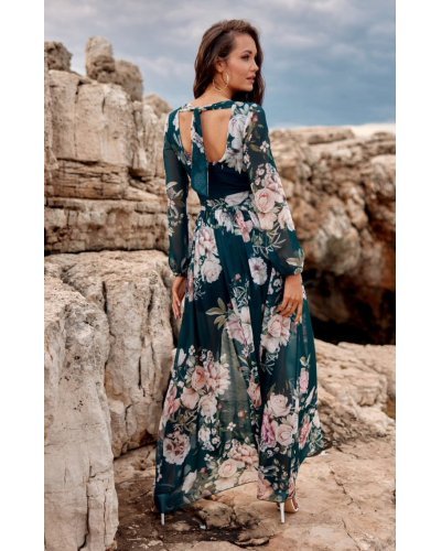 Rochie de vara lunga din voal verde smarald cu flori vaporoasa cu maneca lunga Anamaria Rochii lungi, Rochie de vara lunga din voal verde smarald cu flori vaporoasa cu maneca lunga Anamaria - jojofashion.ro