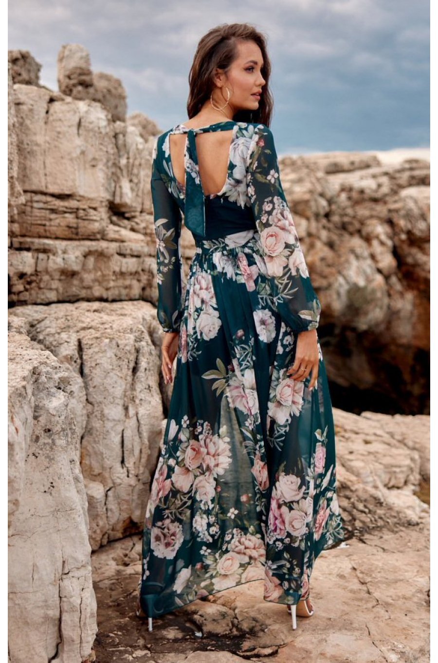 Rochie de vara lunga din voal verde smarald cu flori vaporoasa cu maneca lunga Anamaria 2 - jojofashion.ro
