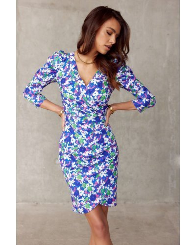 Rochie de vara scurta mulata bleu cu flori verzi Illona Rochii de zi, Rochie de vara scurta mulata bleu cu flori verzi Illona - jojofashion.ro