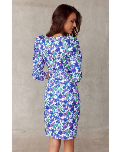 Rochie de vara scurta mulata bleu cu flori verzi Illona Rochii de zi, Rochie de vara scurta mulata bleu cu flori verzi Illona - jojofashion.ro