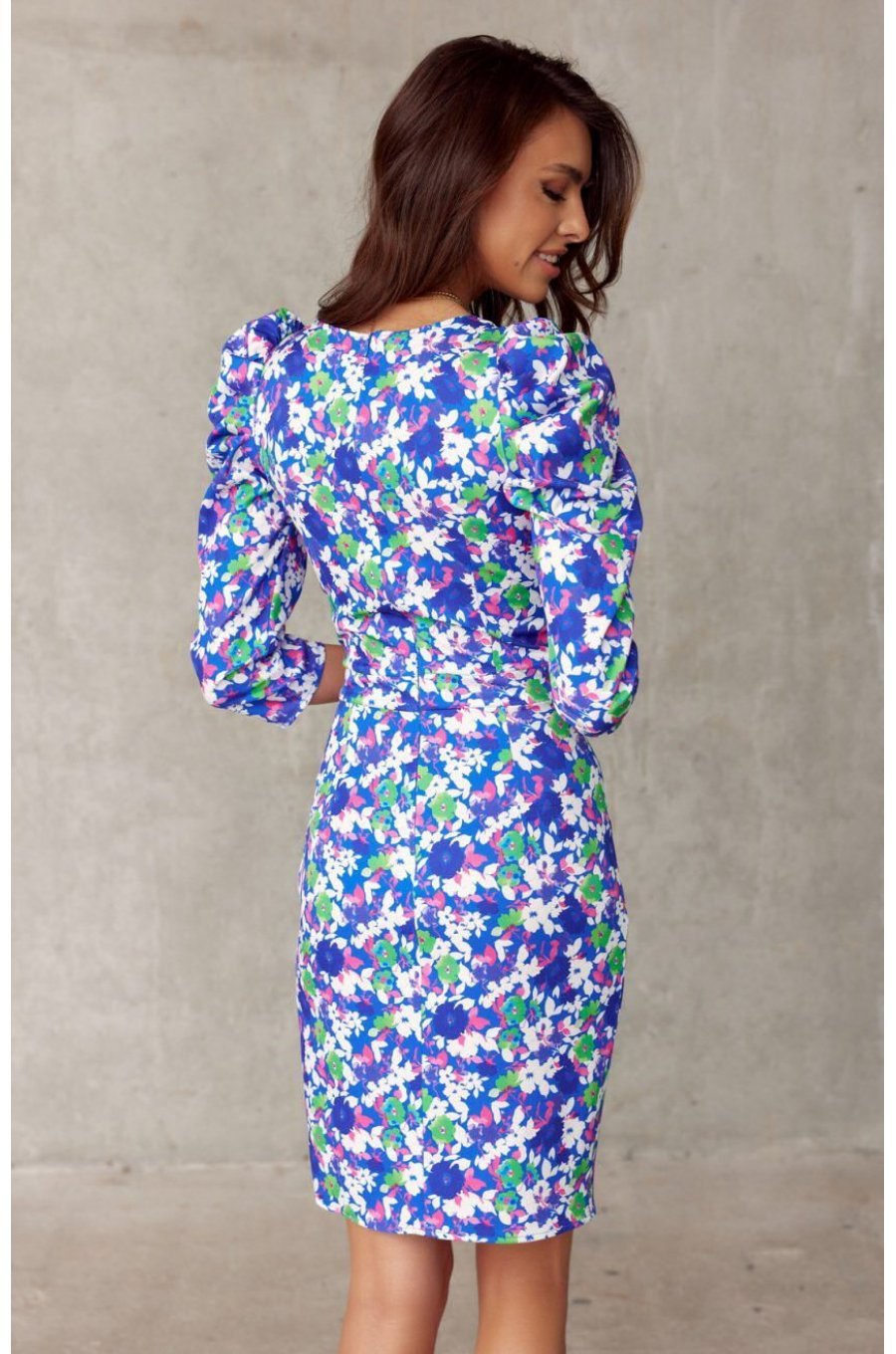 Rochie de vara scurta mulata bleu cu flori verzi Illona 2 - jojofashion.ro