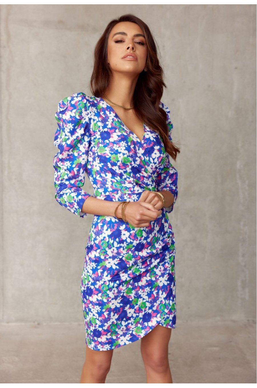 Rochie de vara scurta mulata bleu cu flori verzi Illona 3 - jojofashion.ro