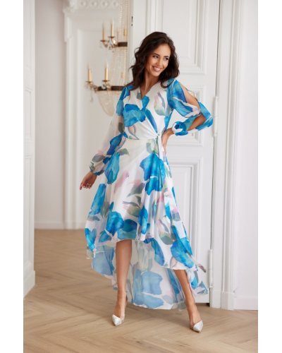 Rochie din chiffon ecru cu flori bleu vaporoasa cu maneca lunga Fiorella Rochii de zi, Rochie din chiffon ecru cu flori bleu vaporoasa cu maneca lunga Fiorella - jojofashion.ro