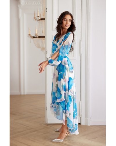 Rochie din chiffon ecru cu flori bleu vaporoasa cu maneca lunga Fiorella Rochii de zi, Rochie din chiffon ecru cu flori bleu vaporoasa cu maneca lunga Fiorella - jojofashion.ro