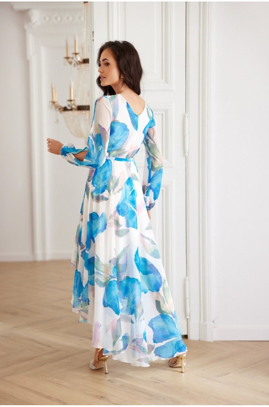 Rochie din chiffon ecru cu flori bleu vaporoasa cu maneca lunga Fiorella 3 - jojofashion.ro