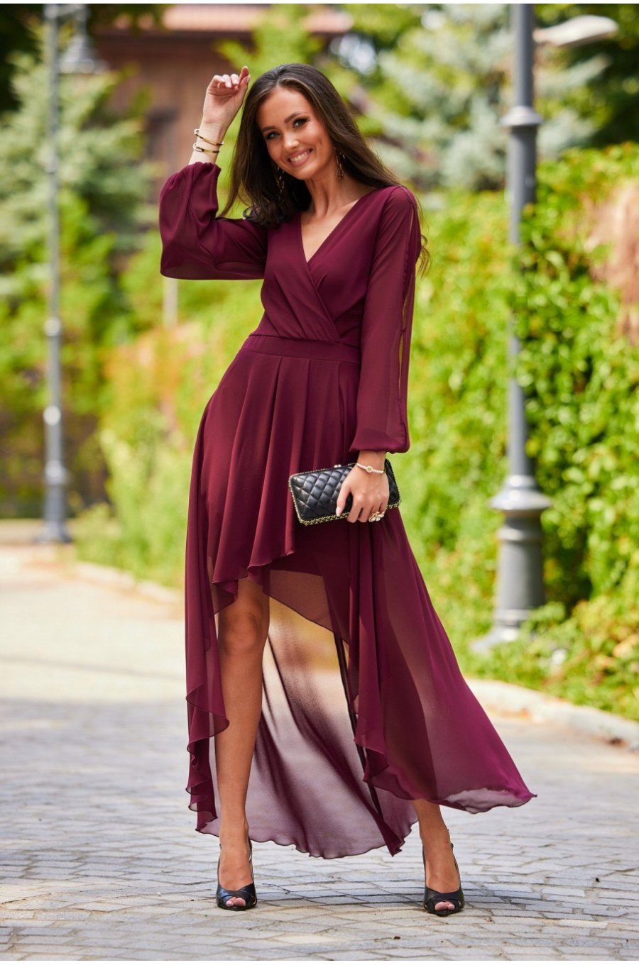 Rochie eleganta lunga din voal burgundy, petrecuta, asimetrica, cu maneca lunga, Jessica 1 - jojofashion.ro