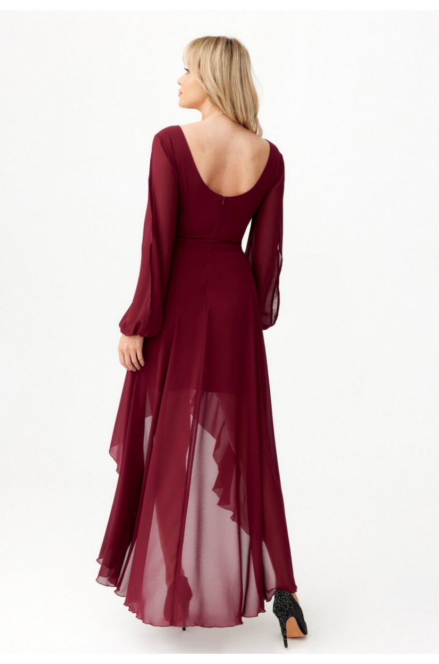 Rochie eleganta lunga din voal burgundy, petrecuta, asimetrica, cu maneca lunga, Jessica 2 - jojofashion.ro