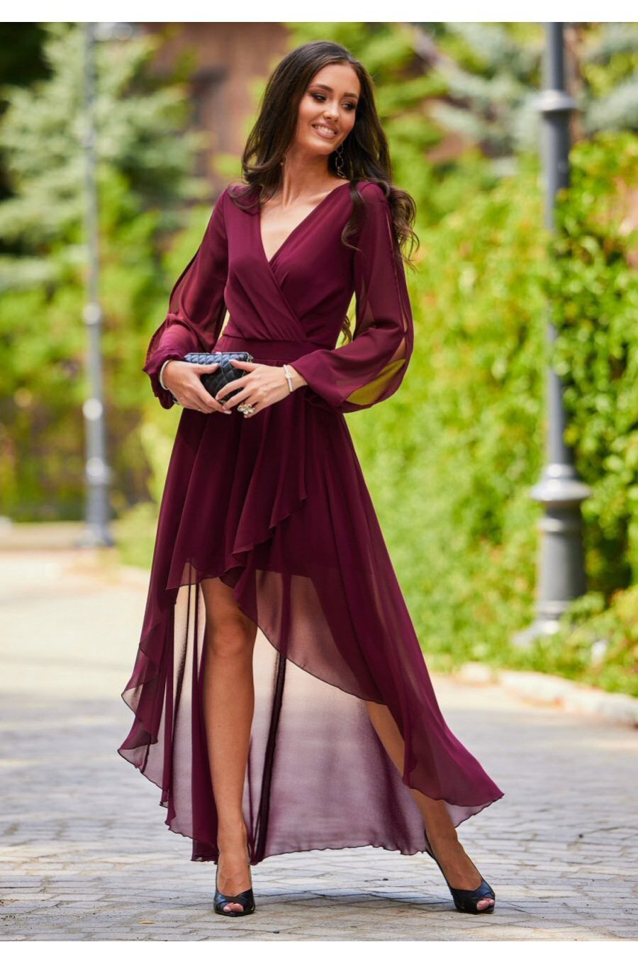 Rochie lunga din voal burgundy cu maneca lunga Jessica 3 - jojofashion.ro