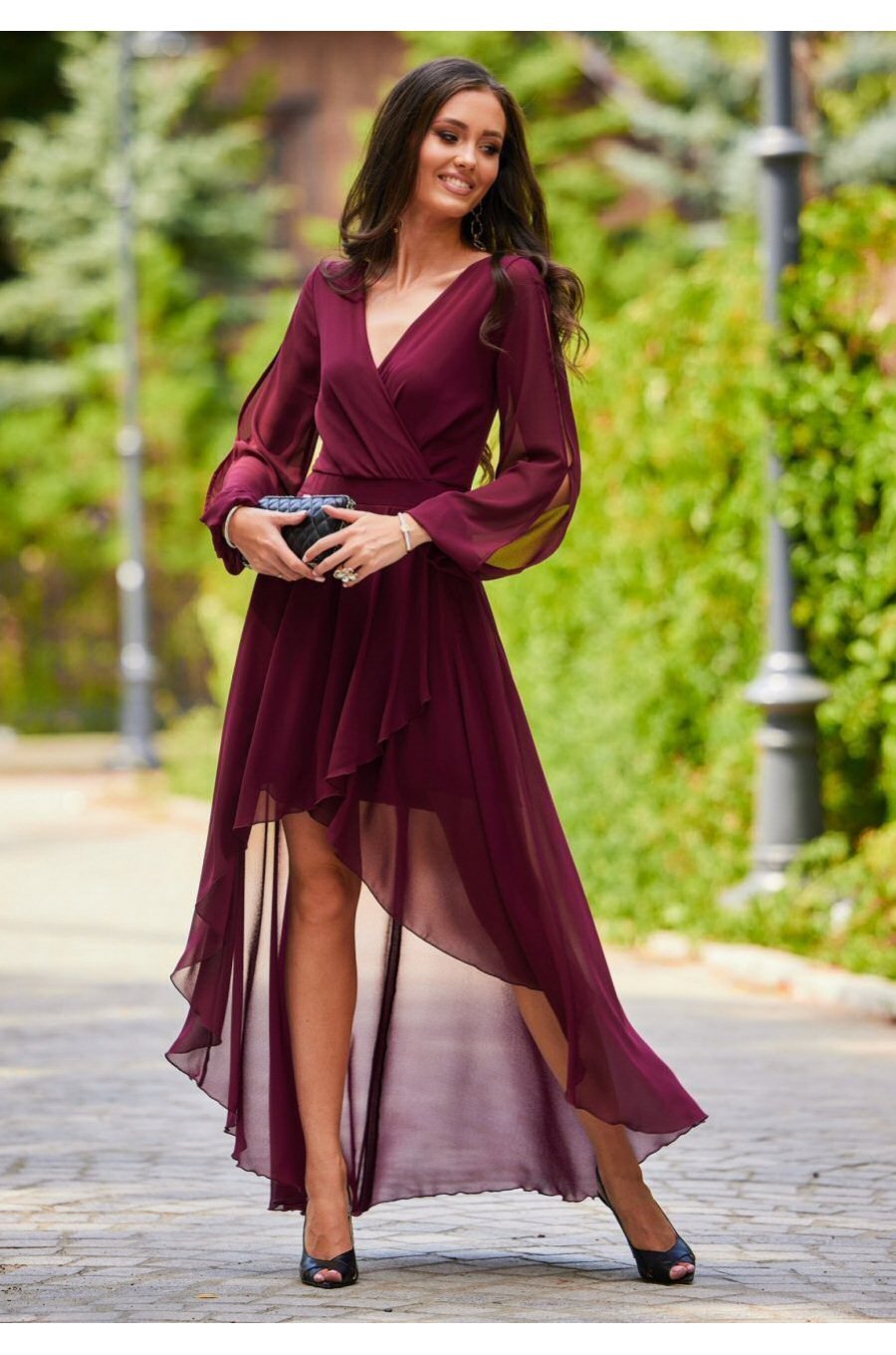 Rochie eleganta lunga din voal burgundy, petrecuta, asimetrica, cu maneca lunga, Jessica 3 - jojofashion.ro