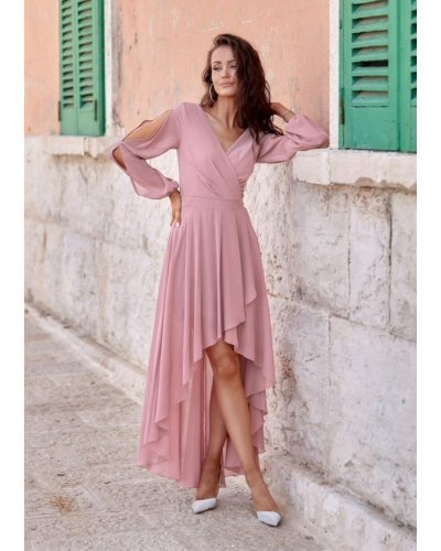 Rochie lunga din voal roz prafuit vaporoasa cu maneca lunga Jessica Rochii lungi, Rochie lunga din voal roz prafuit vaporoasa cu maneca lunga Jessica - jojofashion.ro