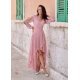 Rochie eleganta lunga din voal, roz prafuit, petrecuta, asimetrica, cu maneca lunga, Jessica 2 - jojofashion.ro