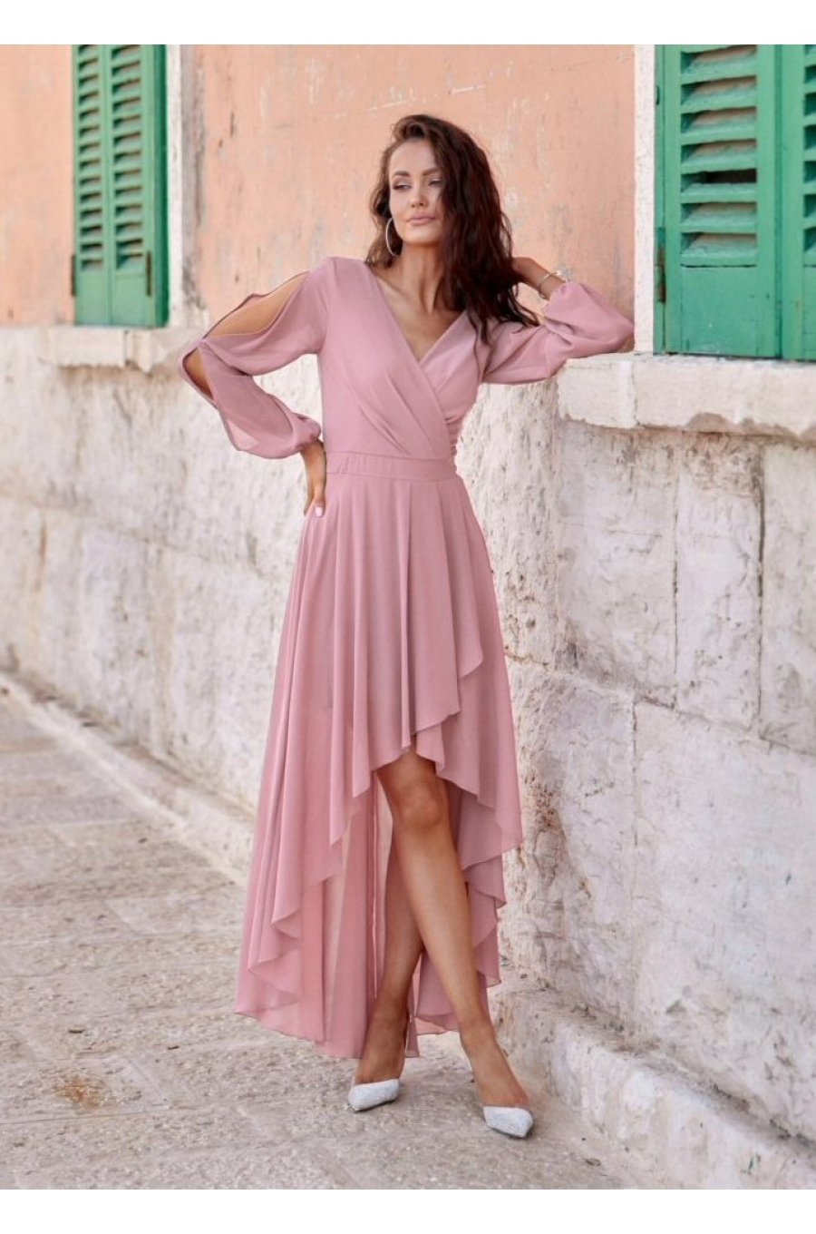 Rochie eleganta lunga din voal, roz prafuit, petrecuta, asimetrica, cu maneca lunga, Jessica 1 - jojofashion.ro