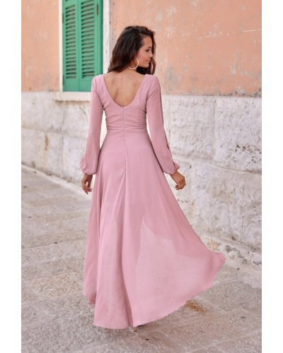 Rochie lunga din voal roz prafuit vaporoasa cu maneca lunga Jessica Rochii lungi, Rochie lunga din voal roz prafuit vaporoasa cu maneca lunga Jessica - jojofashion.ro