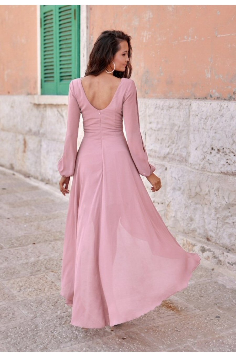 Rochie eleganta lunga din voal, roz prafuit, petrecuta, asimetrica, cu maneca lunga, Jessica 2 - jojofashion.ro