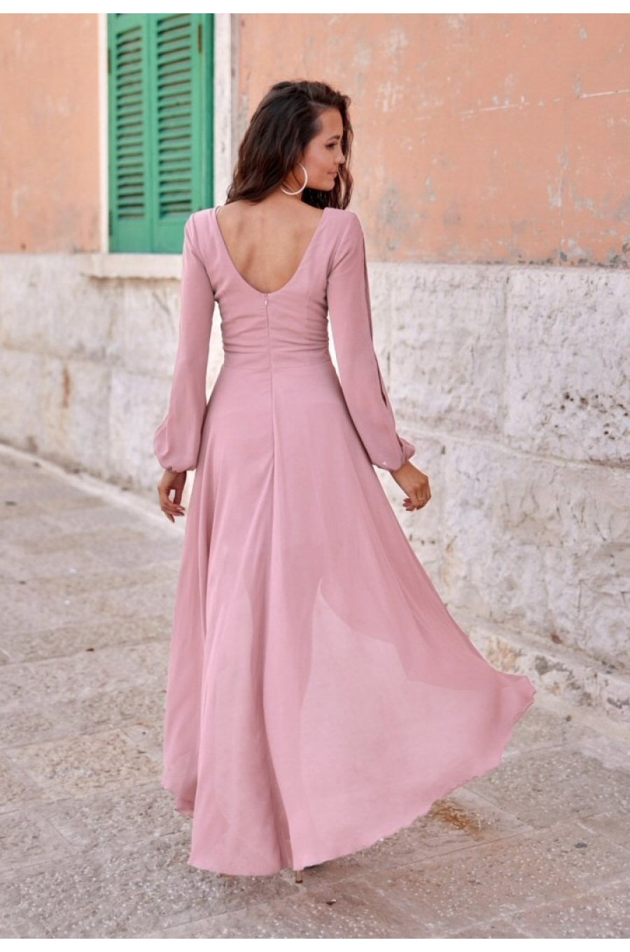 Rochie lunga din voal roz prafuit vaporoasa cu maneca lunga Jessica 2 - jojofashion.ro