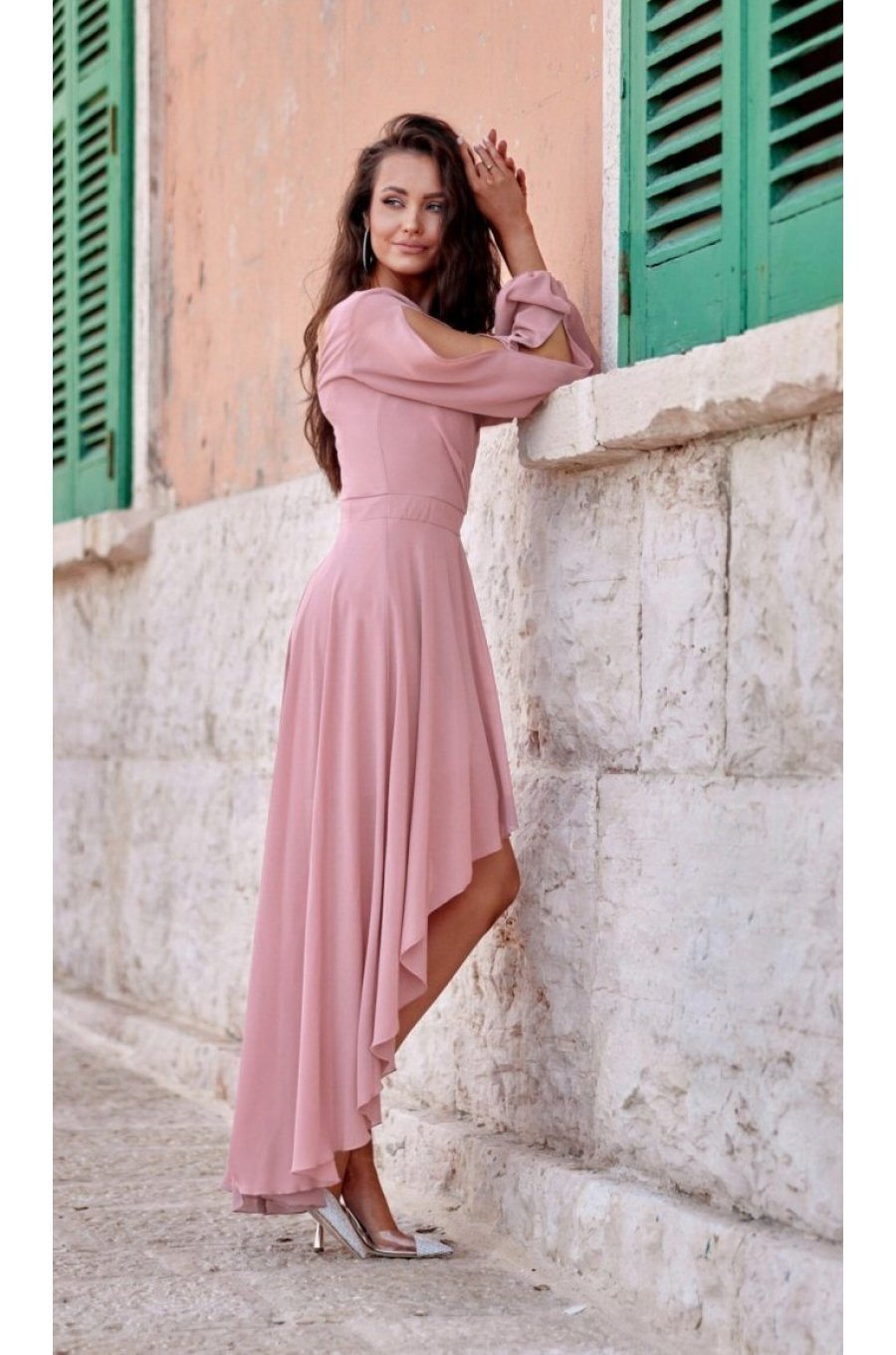 Rochie eleganta lunga din voal, roz prafuit, petrecuta, asimetrica, cu maneca lunga, Jessica 3 - jojofashion.ro