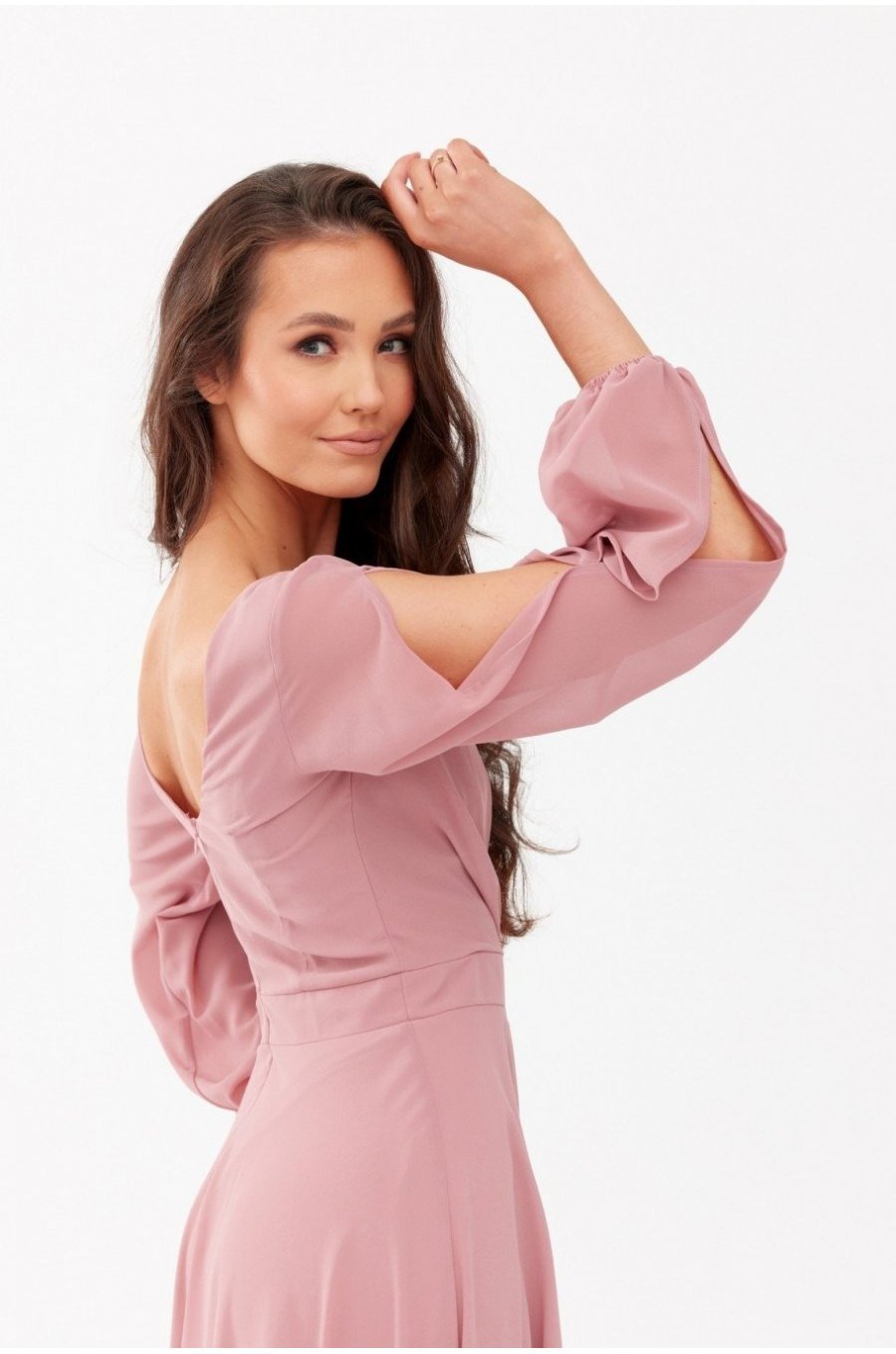 Rochie lunga din voal roz prafuit vaporoasa cu maneca lunga Jessica 4 - jojofashion.ro