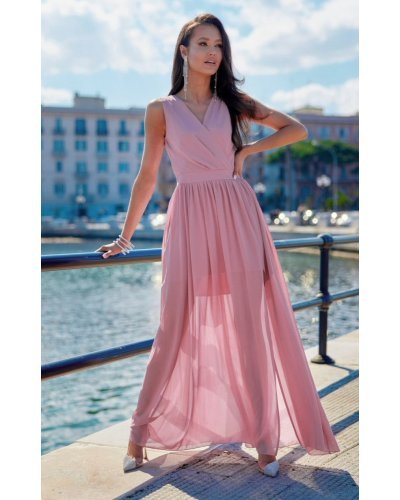 Rochie lunga din voal roz prafuit vaporoasa Yurianne Rochii lungi, Rochie lunga din voal roz prafuit vaporoasa Yurianne - jojofashion.ro