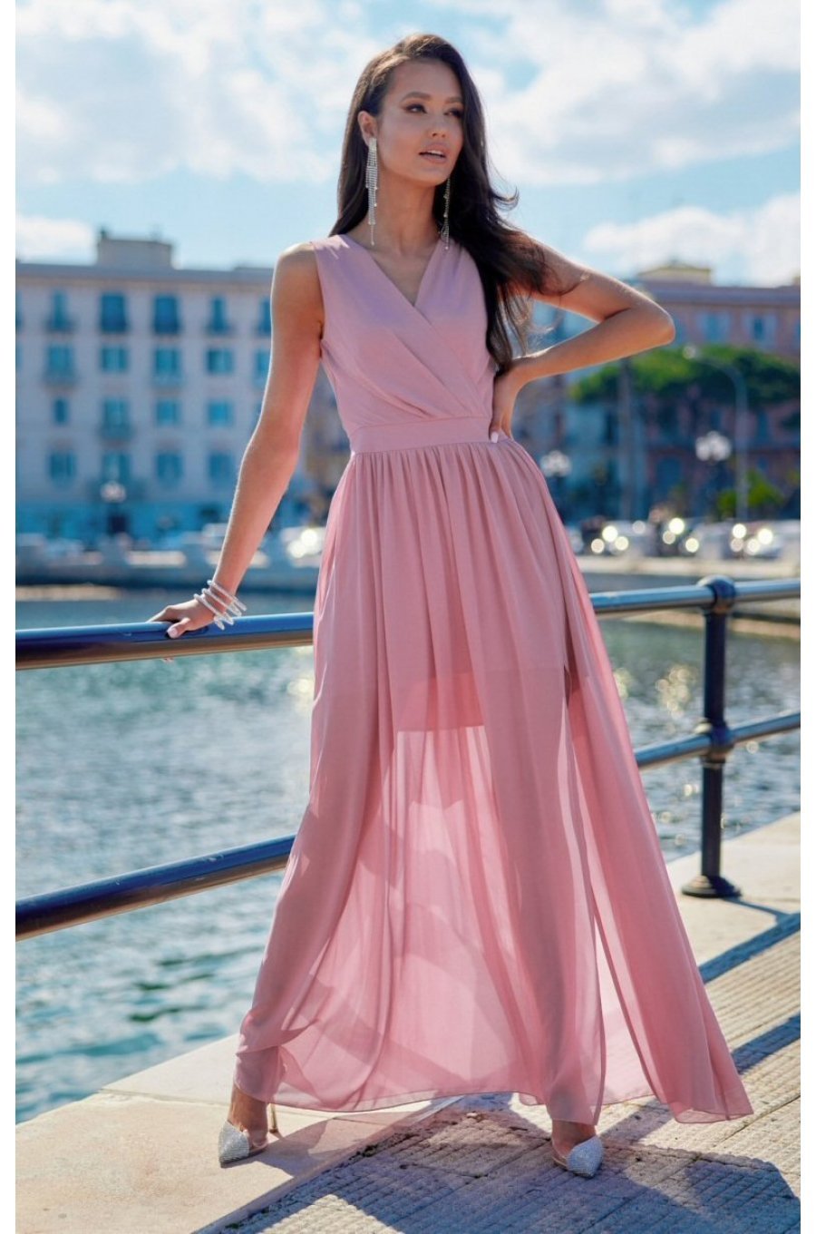 Rochie lunga din voal roz prafuit vaporoasa Yurianne 1 - jojofashion.ro